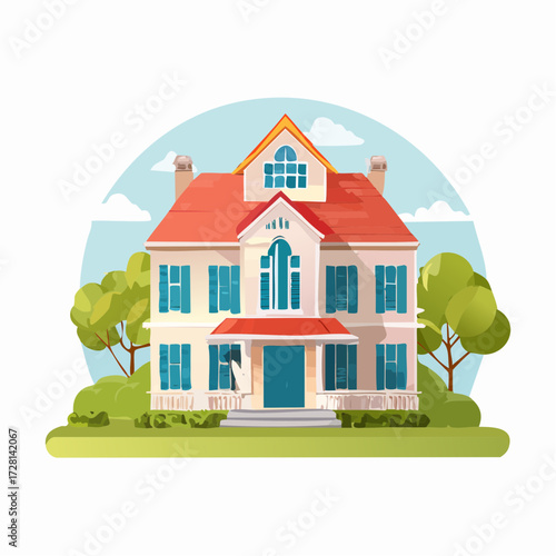 Beautiful house with a red roof and blue shutters.