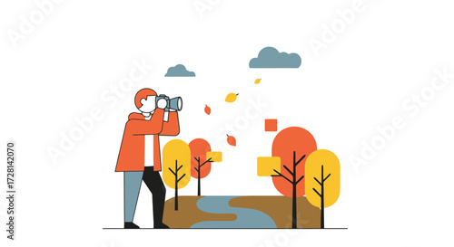 Illustration of a person using binoculars to observe nature in autumn, ideal for educational materials, travel promotions, or conservation awareness campaigns.