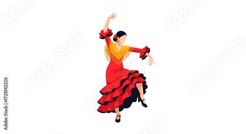 Flamenco dancer in vibrant red dress executing a passionate dance movement pose