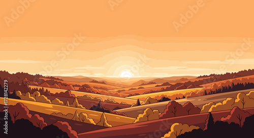 Serene Animated Landscape Illustration Depicting Rolling Hills and a Warm Sunset for Video Games, Web Design, and Animated Content Backgrounds