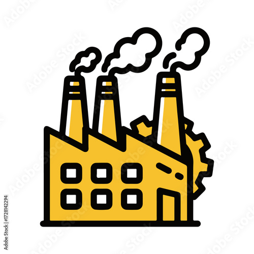 Industrial Factory Building Icon with Smoke Stacks and Gears Illustrating Manufacturing and Production