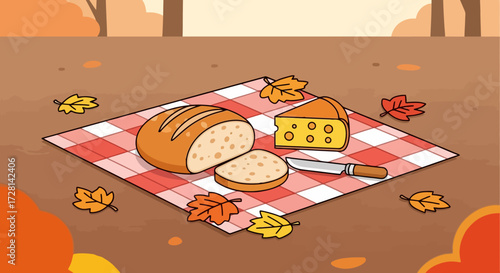 Autumn Picnic Illustration with Bread and Cheese on Plaid Blanket, Perfect for Holiday Recipe Books, Food Blog Posts, or Seasonal Marketing Campaigns
