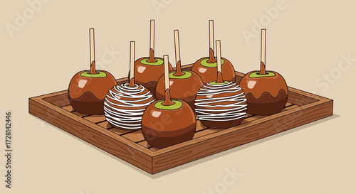 Delicious Caramel Apples Displayed on Wooden Tray, Perfect for Fall Festivals, Halloween Treats, and Festive Culinary Visuals for Stock Photography