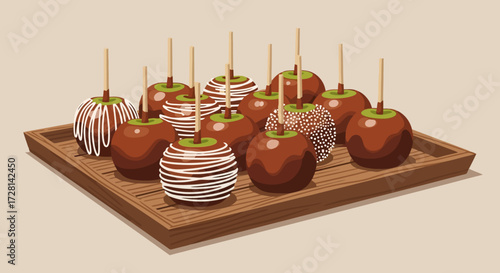 Delicious caramel apple vector illustration on a wooden tray, perfect for autumn-themed designs, holiday promotions, or confectionery-related marketing materials.