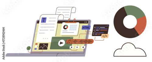 Laptop with open workspace showcasing document editing, coding, media management, pie chart, and cloud icon. Ideal for technology, education, coding, data management teamwork media innovation