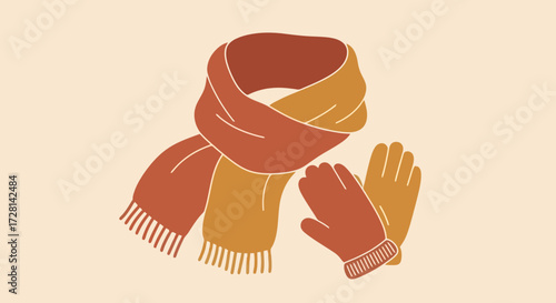 Cozy Winter Accessories Illustration Featuring a Knitted Scarf and Gloves, Ideal for Fashion Blogs, Seasonal Promotions, and Winter-Themed Designs