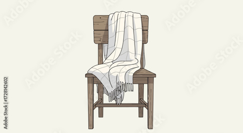 Rustic wooden chair draped with a white checkered blanket, perfect for home decor, interior design projects, or illustrating cozy living spaces and relaxation themes.
