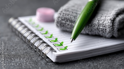 Close Up of a Silver Checklist with Green Check Marks and Pen on a Gray Textured Surface