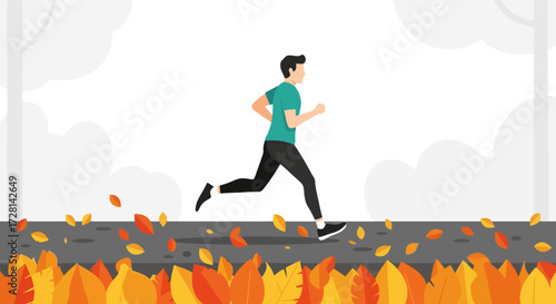Man Running in Autumnal Park - Promoting Fitness, Health, and Outdoor Activities in Seasonal Wellness Campaigns and Lifestyle Illustrations.