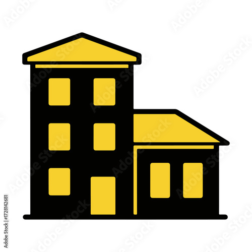 Minimalist flat design icon of a multi-story building with yellow accents, representing real estate, architecture, and urban property