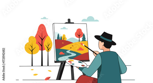 Artist painting a vibrant landscape on canvas outdoors, showcasing creativity and artistic expression for art enthusiasts and creative projects.
