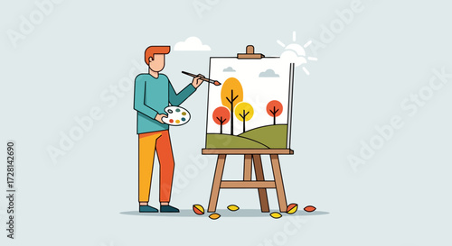 Isolated Flat Illustration of a Man Painting a Picturesque Autumnal Landscape Scene on an Easel, Suitable for Art Education, Creativity Promotion, or Artistic Skill Development Projects