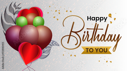 Birthday greeting card elegant vector design. Happy birthday to you typographic text with elegant balloons, eye-catching line art leave, confetti for birthday celebration background