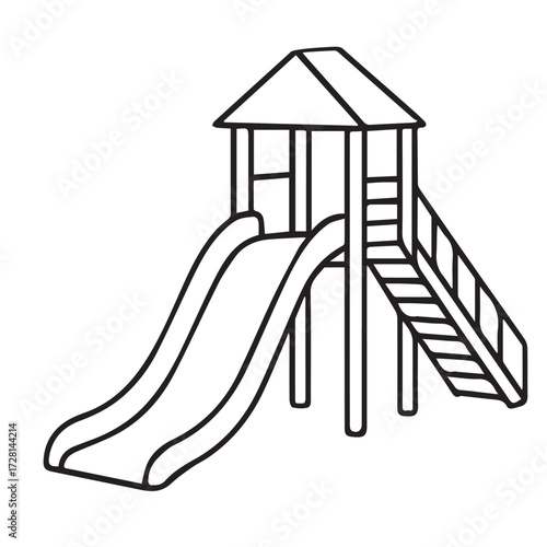 Vector minimalist illustration features a children’s slide situated in a playground setting, designed using black and white with clean bold outlines.