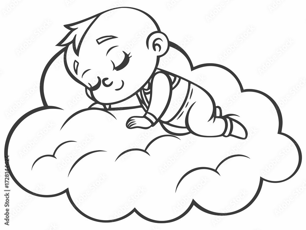 Obraz premium Vector illustration of a single cute cartoon baby sleeping atop floating cloud