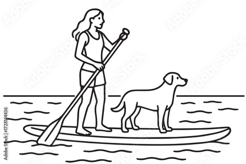 Vector artwork shows a minimalist woman riding a surfboard beside her playful dog, captured in monochrome style with strong black outlines.