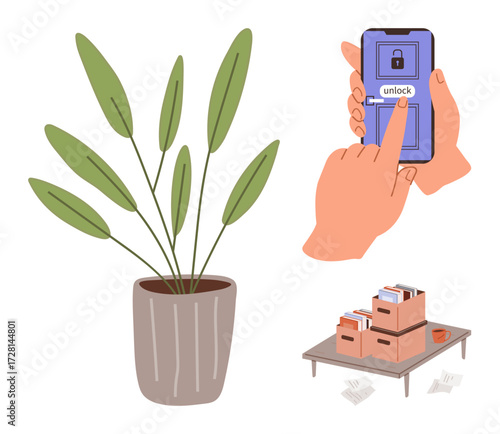 Large potted plant, hands unlocking smartphone with lock icon on screen, and table with box file storage. Ideal for productivity, organization, home decor, digital security, multitasking, minimal