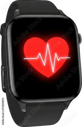 Smart smartwatch displaying a glowing red heart with heartbeat line representing health monitoring