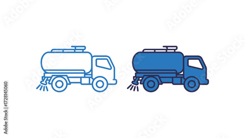 Street Sweeper or Water Tanker Truck Icon Outline and Solid Blue Graphic Symbol for Cleaning, Public Service, Sanitation, and Maintenance Vehicle Vector Illustration