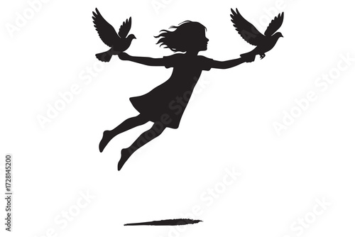 Vector silhouette artwork of a girl being carried skyward by pigeons in her hand, presented artistically in expressive abstract black and white.
