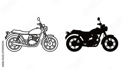 Vintage Retro Motorcycle Icon Outline and Solid Black Silhouette for Classic Bike, Hobby, Speed, Transportation, and Freedom Vector Illustration Graphic