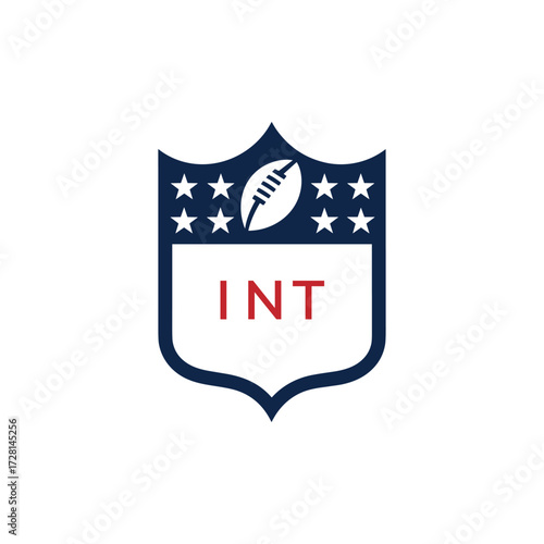 INT American Football Logo Design. INT Modern Sports Shield Emblem with Stars and Ball for Football Club INT Tournament and Team Branding.
