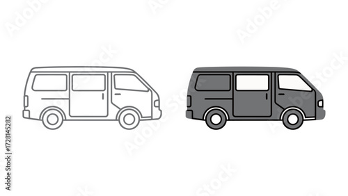 Passenger Mini-Van Icon Outline and Solid Gray Graphic Side View for Family Travel, Commercial Shuttle, Transport, and Small Group Commuting Vector Illustration
