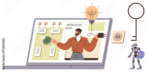 Man delivering a presentation on a laptop screen with a lightbulb, key, outlet, and robot. Ideal for education, innovation, creativity, technology, problem-solving online learning brainstorming