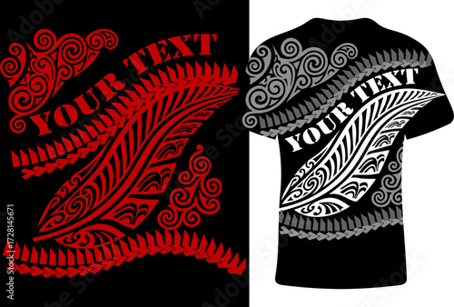 Tribal T-shirt Design with Feather Motif and Decorative Elements, New Zealand T-Shirt Maori People Of New Zealand Grunge Pattern, Traditional dress, traditional jersey, t shirt.
