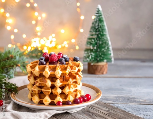 Stack of waffles topped with berries, festive Christmas lights