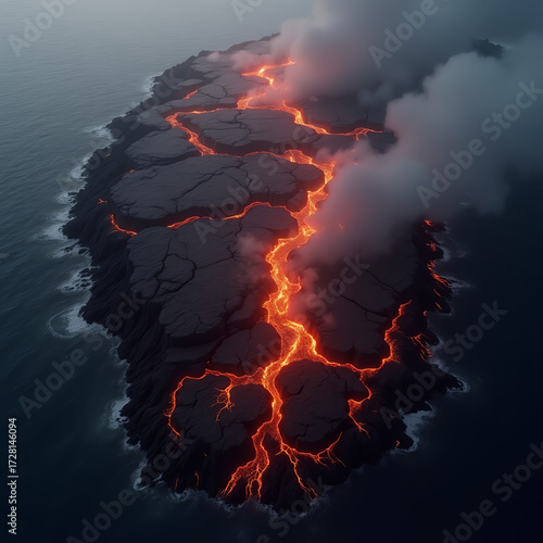 Volcanic island eruption, molten lava flows across dark rock, smoke rises, ocean waves crash, dramatic natural phenomenon.