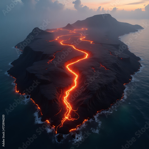 Volcanic island with glowing lava flow into ocean at dusk, dramatic natural landscape, powerful geological forces.