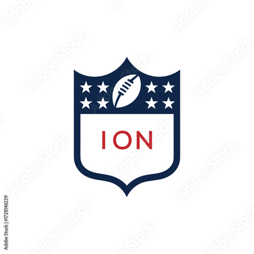 ION American Football Logo Design. ION Modern Sports Shield Emblem with Stars and Ball for Football Club ION Tournament and Team Branding.
