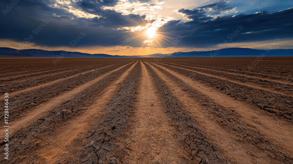 Naklejka premium Barren Landscape Under Dramatic Sky with Sunlight Breaking Through Clouds Over Dry Earth and Cracked Ground in Drought Conditions