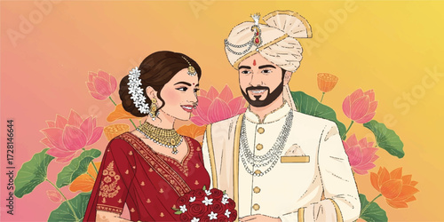 Elegant Indian Wedding Couple Illustration â€“ Traditional Attire and Festive Colors