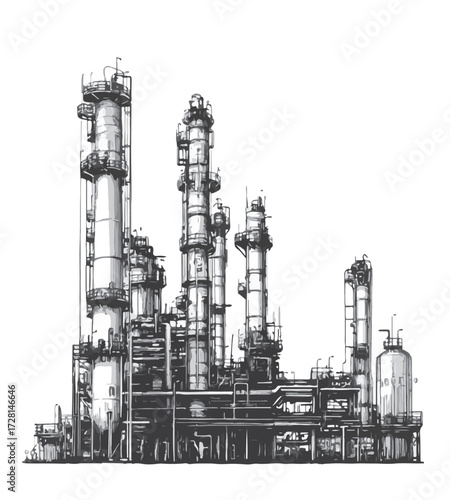 black and white vector, oil refinery