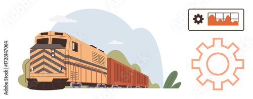 Long freight train on railway track carrying orange containers with gear and analytics graphics. Ideal for transportation, logistics, automation, freight management, industry, efficiency, technology