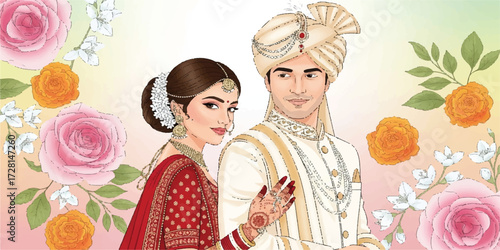 High-quality illustration of an Indian bride and groom in traditional wedding outfits, featuring clean outlines, rich cultural details, and smooth color gradients