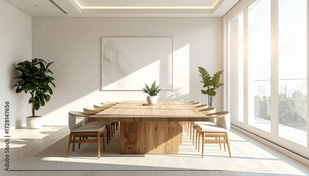 Fototapeta premium A bright and modern conference room featuring a large wooden table, minimalist chairs, green plants, and expansive windows with natural light.