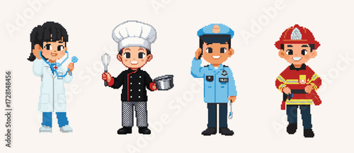 Pixel art 8 bit objects. Retro game assets. Set of icons. Vintage computer video arcades. Pixelated custom doctor, chef, police, and firefighter outfit character illustration. Vector illustration.