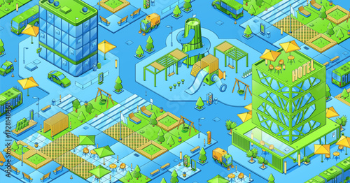 Isometric city with eco park, playground, hotel