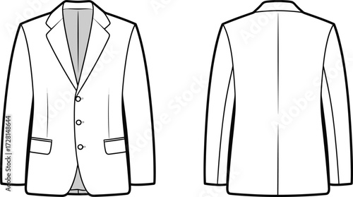 Men blazer mockup front and back view, classic formal suit jacket template, business fashion clothing design, stylish apparel illustration isolated