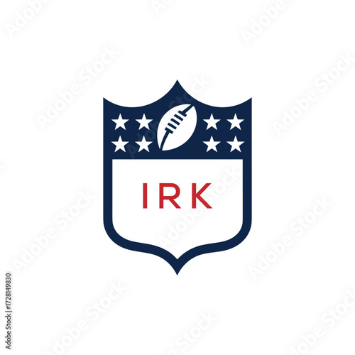 IRK American Football Logo Design. IRK Modern Sports Shield Emblem with Stars and Ball for Football Club IRK Tournament and Team Branding.
