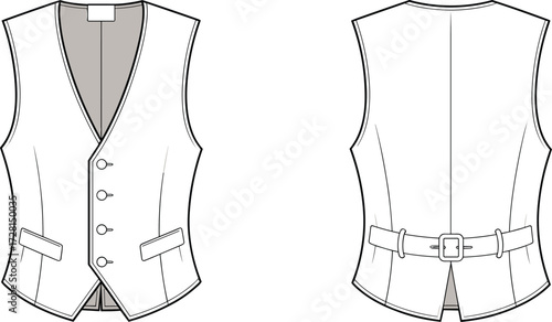 Men’s waistcoat vector template, classic vest front and back view, formal apparel flat sketch, tailoring fashion design, garment illustration