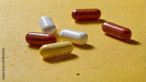 Assorted Medical Capsules on Yellow Background