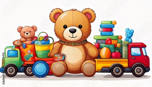 Collection of colorful childrens toys including a teddy bear, truck, train, bucket, and stac.jpg