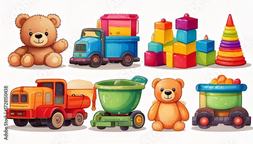 Collection of colorful childrens toys including a teddy bear, truck, train, bucket, and stac.jpg
