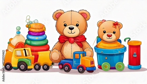 Collection of colorful childrens toys including a teddy bear, truck, train, bucket, and stac.jpg