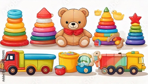 Collection of colorful childrens toys including a teddy bear, truck, train, bucket, and stac.jpg