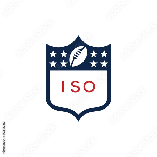 ISO American Football Logo Design. ISO Modern Sports Shield Emblem with Stars and Ball for Football Club ISO Tournament and Team Branding.
